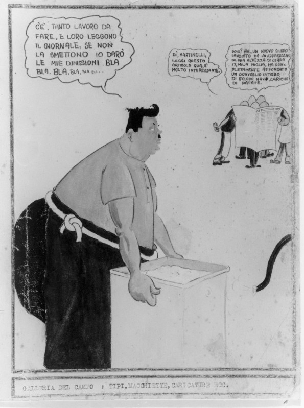 A cartoon sketch depicting life at the Australian Prisoner of War and Internment Camp, Tatura, Victoria, drawn by one of the internees