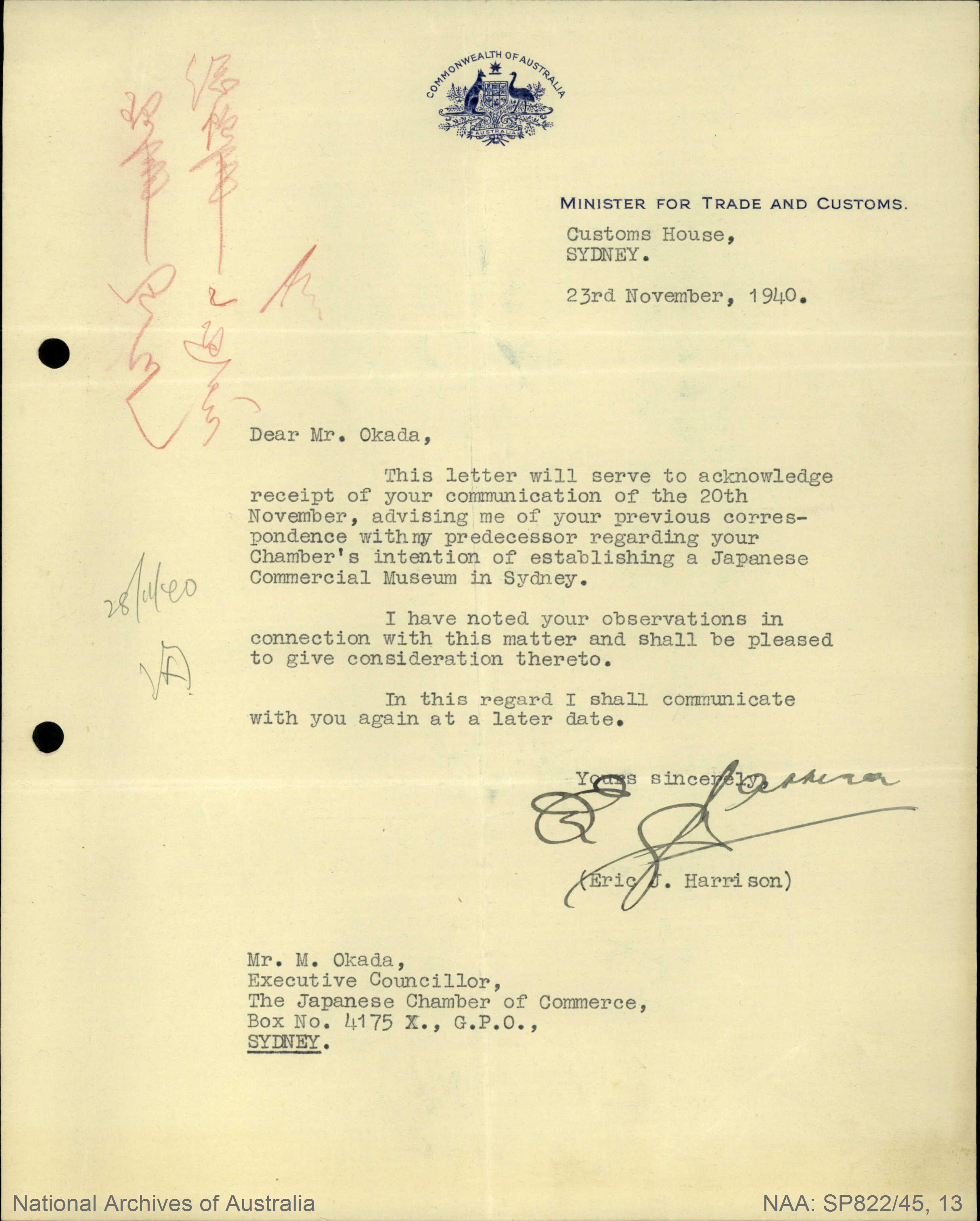 [Japanese Chamber of Commerce - letters from Australian Government Ministers (enemy property records)] [box 4A]