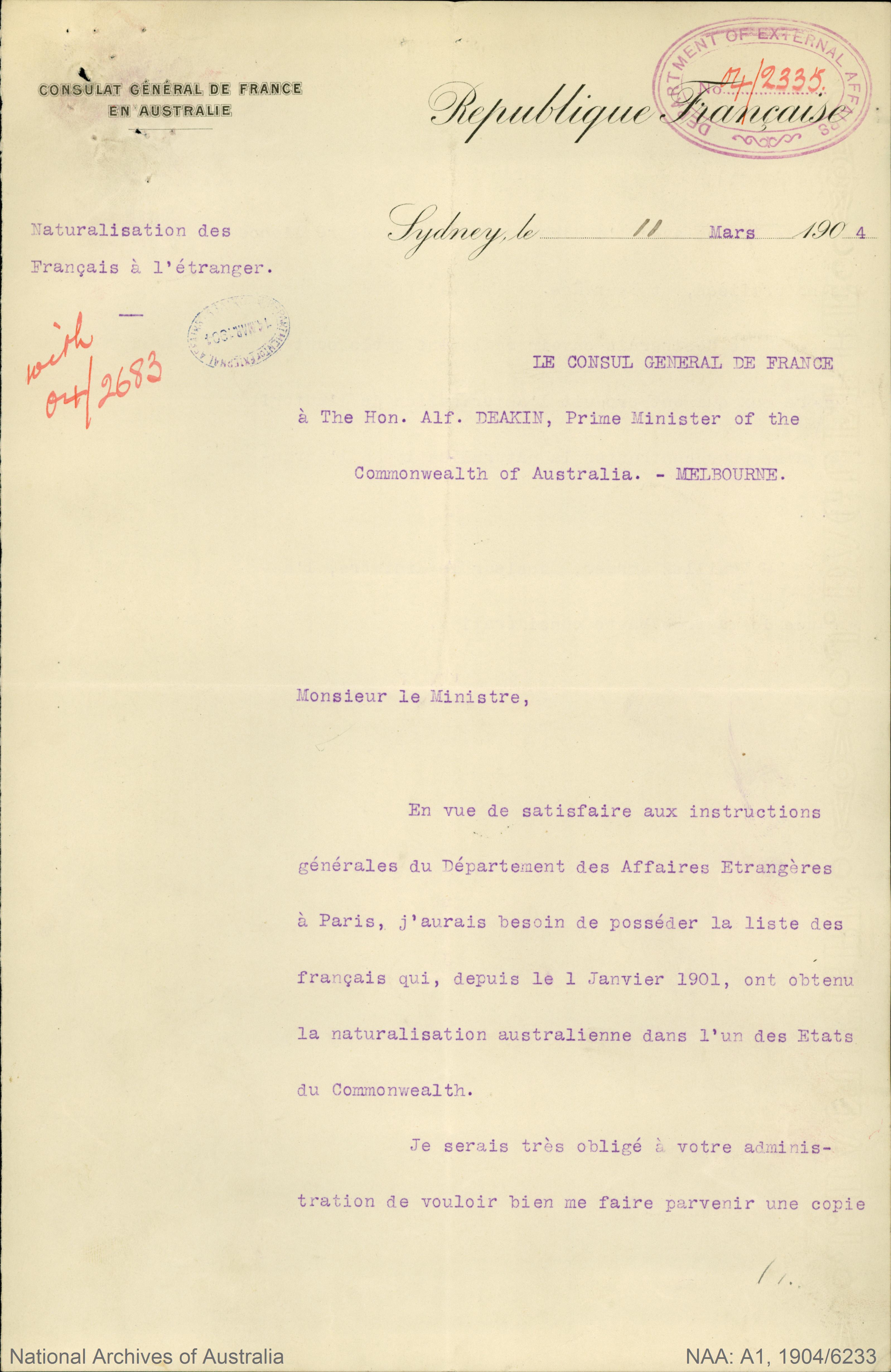 Consul General for France asking for list of Frenchman who have since 1st Jan. 1901. obtained naturalization.
