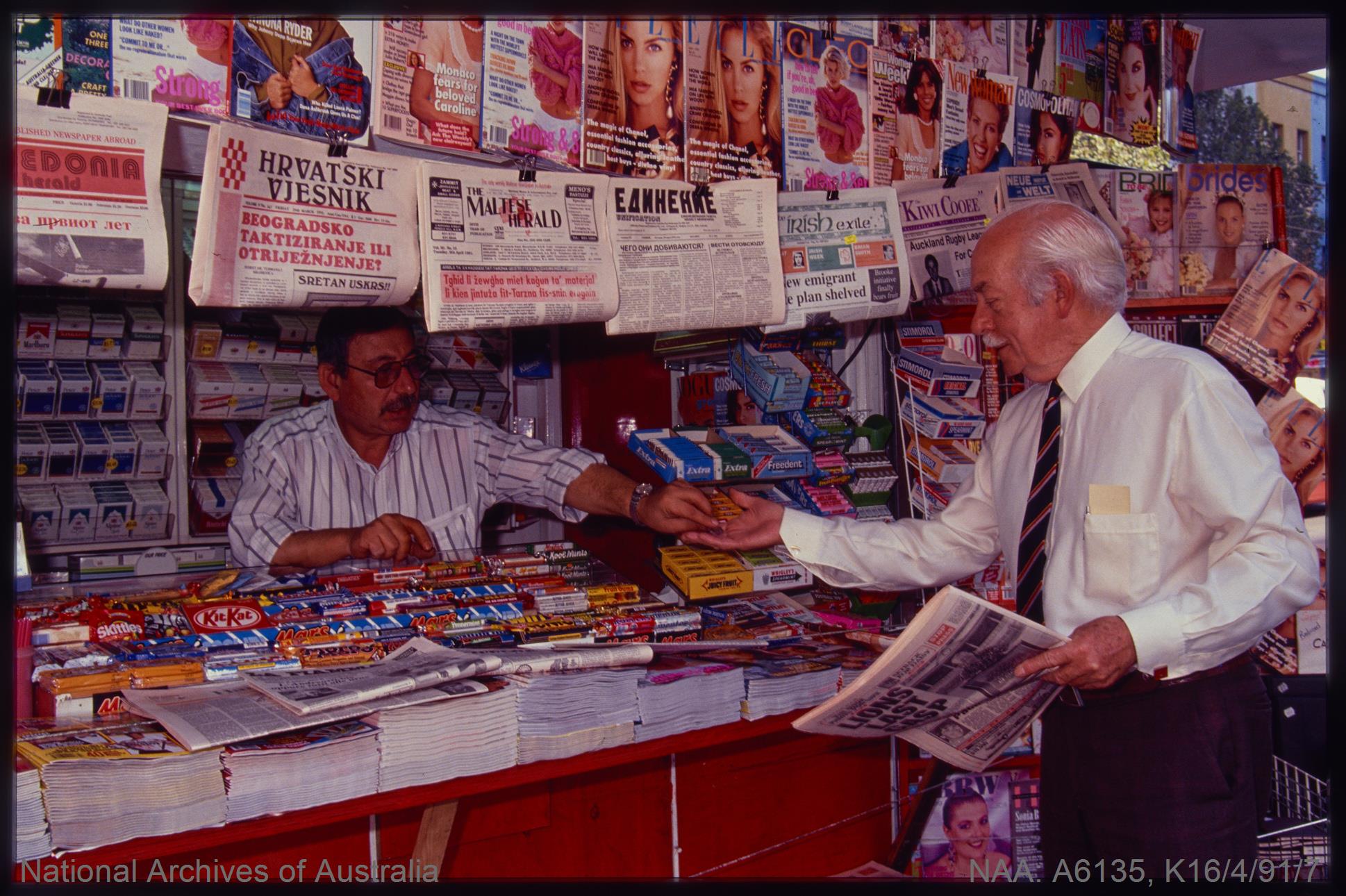 TITLE: Industry - Shops - Newspaper kiosk with ethnic newspapers, Elizabeth St. Melbourne