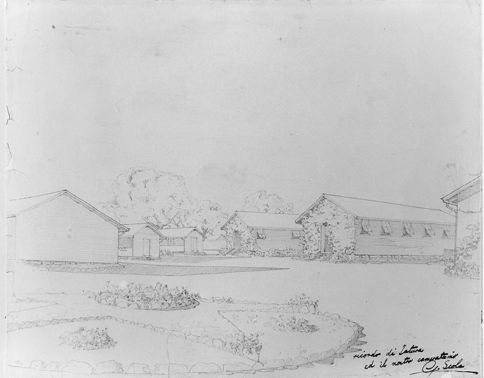 Drawing of the dormitory huts at the Australian Prisoner of War and Internment Camp, Tatura, Victoria, drawn by Giorgio Scola