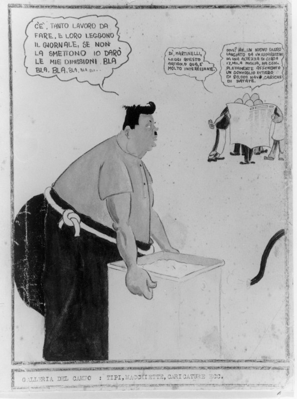 Cartoon sketch depicting life at the Australian Prisoner of War and Internment Camp, Tatura, Victoria, drawn by one of the internees