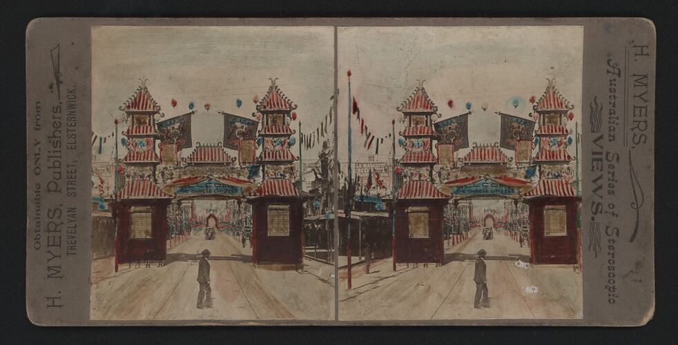 Item MM 112519 Stereograph - Federation Celebrations, Chinese Arch, H. Myers, Melbourne, Victoria, 1901