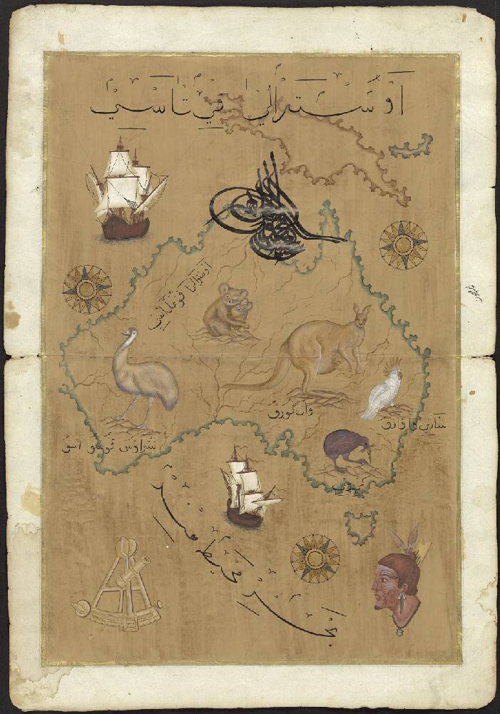 Gehistoriseerde kaart van Australië en Nieuw-Guinea