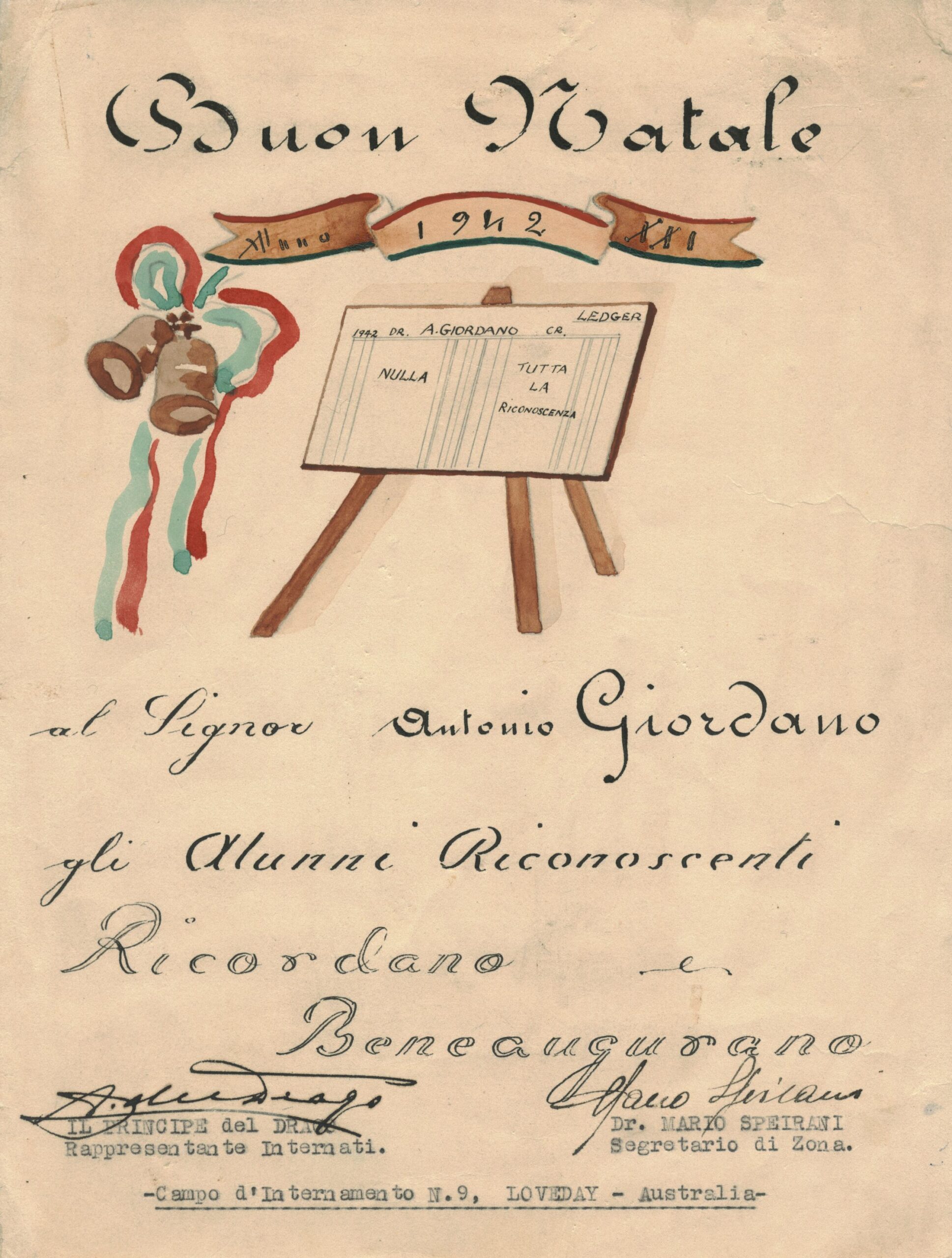Christmas card presented to Antonio Giordano in the Loveday internment camp, 1942