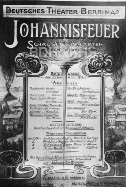 Program produced by Otto Monkedieck. Drama "St John's Fire' ' in 4 Acts by Sudermann. Produced at the Internment Camp Berrima NSW