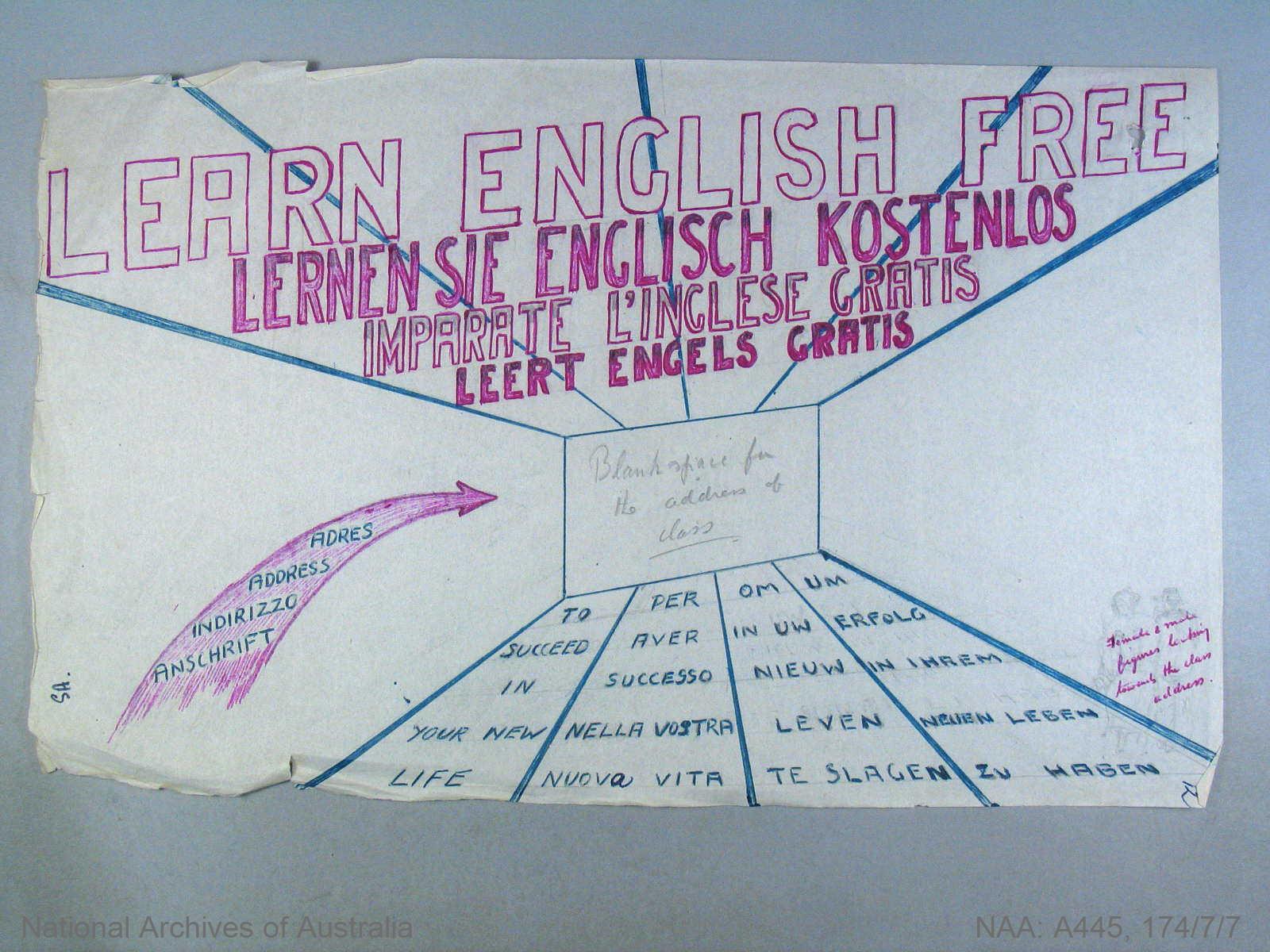 Draft Poster to advertise Adult Migrant Education Scheme